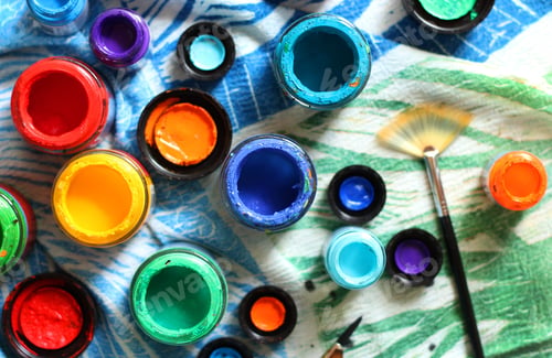 Preview: Painting equipment, colorful paint containers from above