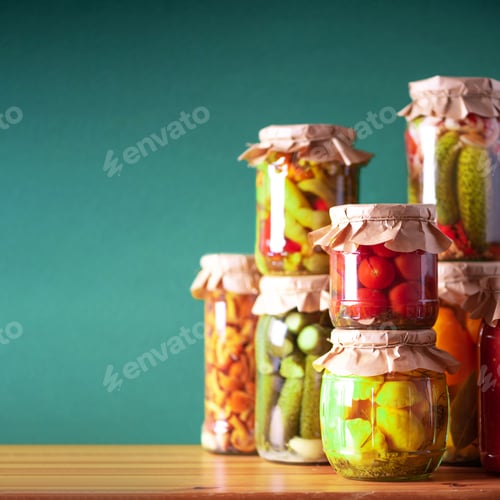 Preview: Preserved and fermented food in glass jars. Fermented food. Autumn canning. ?ucumber, squash and