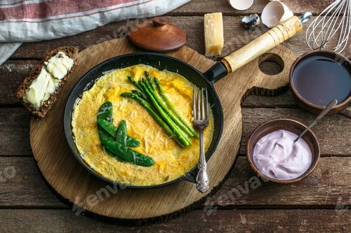 Preview: Omelet with green asparagus, pea on frying pan, top view, rustic style