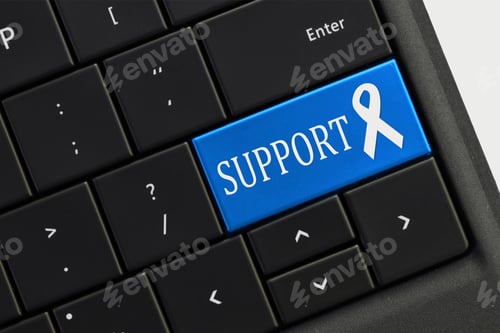 Preview: Online help Support Concept - keyboard with BLUE support awareness ribbon key button.
