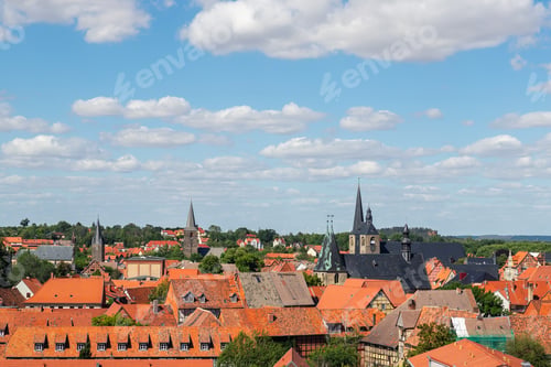 Preview: Scenic panoramic view traditional shingle tiled red rooftop old ancient medieval european german