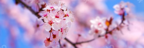 Preview: Close up of pink spring tree blossom. Web banner.