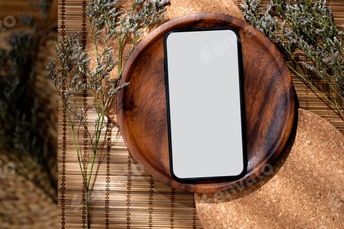 Preview: mockup blank screen smartphone on wood food plate on mat