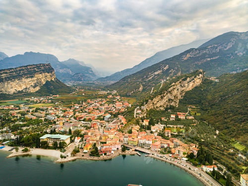 Preview: Top view of Lake Lago di Garda and the village of Torbole, alpine scenery. Italy