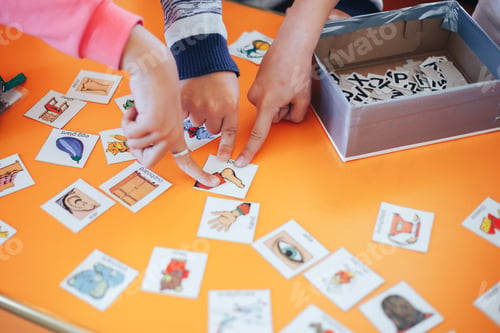 Preview: students education play cards with pictures in English and numbers