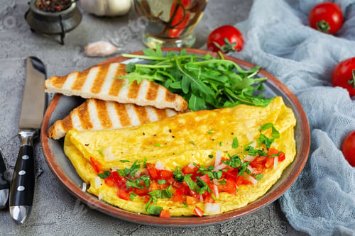 Preview: Fried omelette with tomatoes, onion and herbs. Delicious breakfast with eggs and toasts