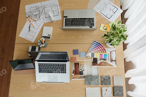Preview: Documents with House Plan on Desk of Interior Designer
