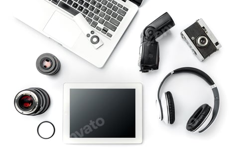 Preview: Workplace of business. Modern male accessories and laptop on white
