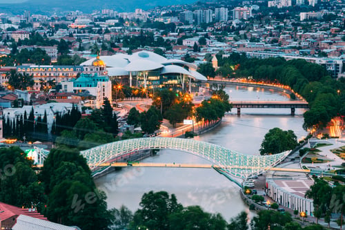 Preview: Top Illuminated Cityspape View Of Kura River Under Bridges And C