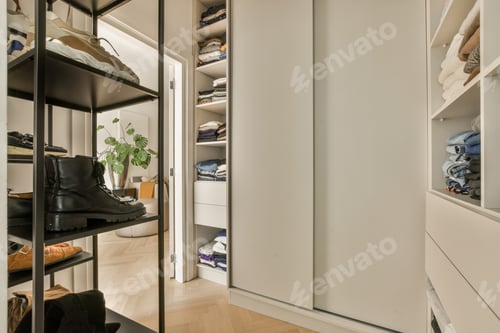 Preview: a walk in closet filled with shoes and a door
