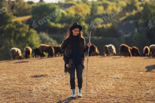 Preview: Female shepherd and flock of sheep at a lawn