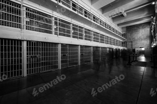 Preview: Black and white long exposure view of the D wing of Alcatraz Prison located in San Francisco
