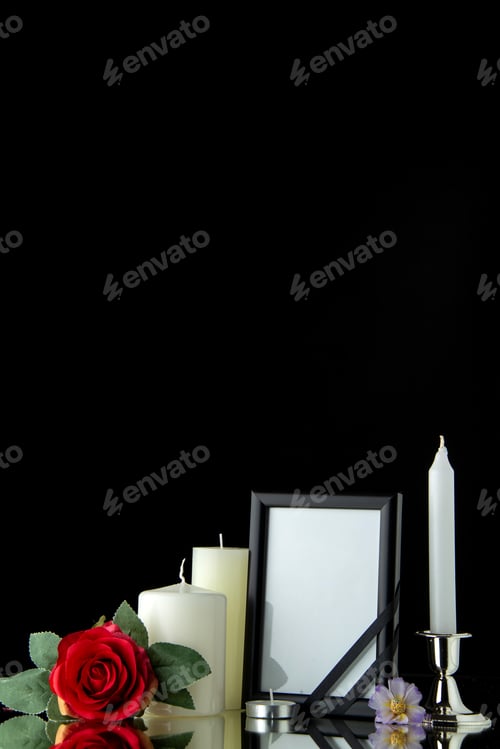 Preview: front view of white candles with picture frame on black background palestine funeral war death