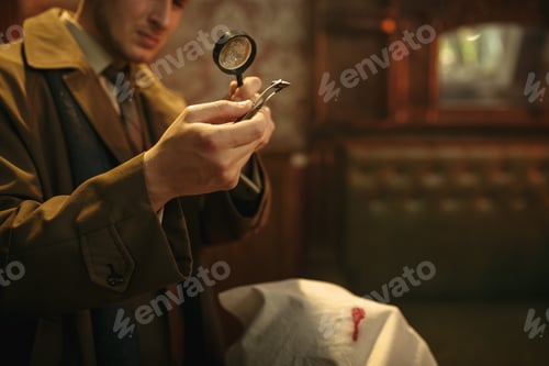 Preview: Detective looks evidence through magnifying glass