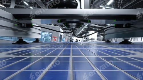 Preview: Solar panels moved around facility using assembly lines, 3D render close up