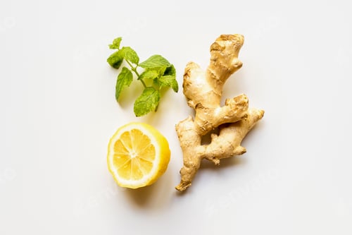 Preview: Top View of Ginger Root, Lemon And Mint on White Background