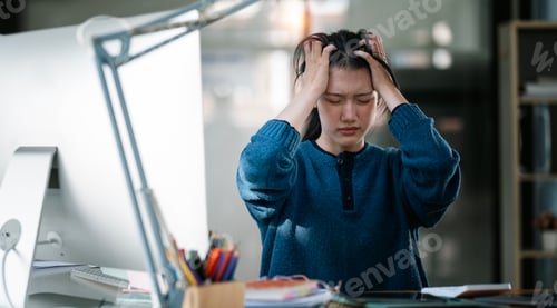 Preview: Young woman sitting at office suffering from headache and stressed because pain and migraine.