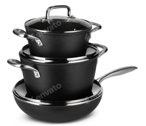 Preview: New set of black cookware isolated on white