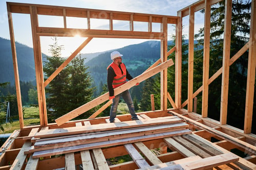 Preview: Carpenter holding large beam while builds wooden frame house near the forest.