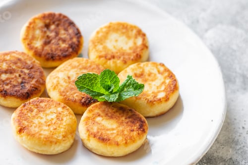 Preview: Cottage Cheese Pancake Cheesecake Curd Breakfast Dessert Sweet Syrniki Healthy Meal Top View Copy