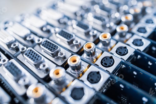 Preview: Close-up blurry metal sockets on a computer video board