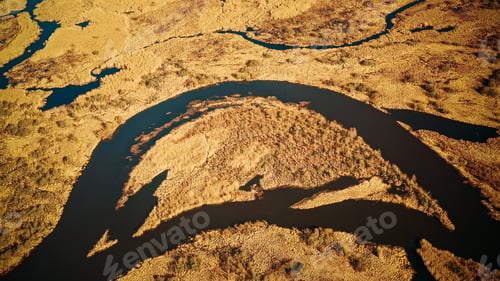 Preview: Aerial View Curved River In Early Spring Landscape. River bends