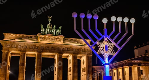 Preview: Brandenburg Gate and lightning Jewish menorah