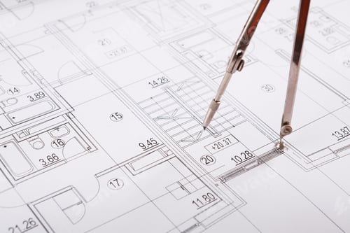 Preview: Architectural project, engineering tools on table.