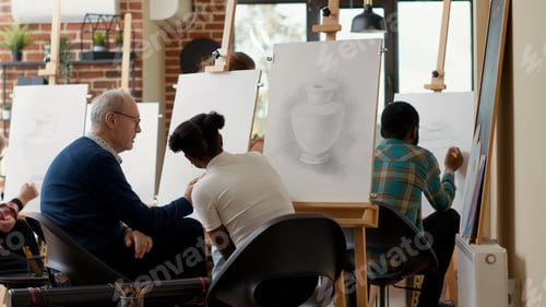 Preview: Senior student talking to young woman about drawing lesson