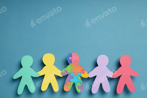 Preview: Paper figures of people on a light background, place for text. World autism day concept