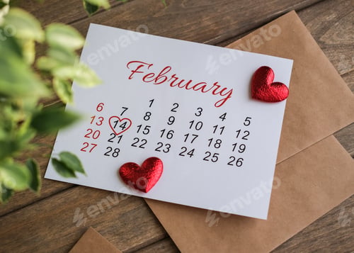 Preview: February 2022 calendar. Calendar flat lay