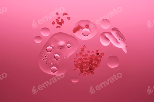 Preview: Different textures of cosmetics with a rose in the composition on a scarlet background.