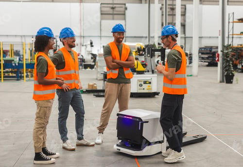 Preview: Engineers supervising automated guided vehicle in modern factory