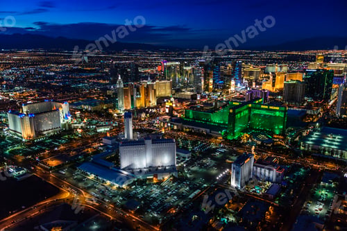 Preview: 54955,Aerial view of Las Vegas cityscape lit up at night, Las Vegas, Nevada, United States