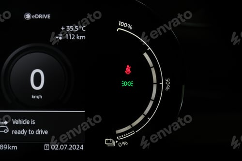 Preview: battery level light on instrument panel of EV electric vehicle,