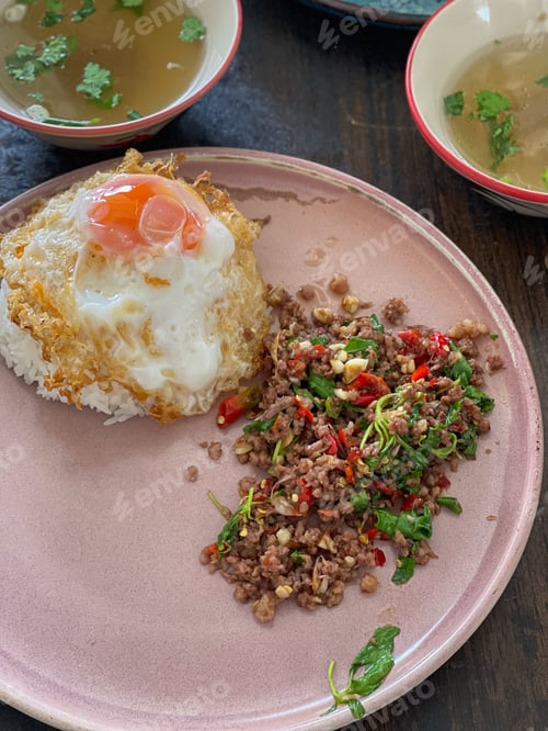 Preview: Rice topped with stir-fried pork and basil, Rice topped with stir fried minced pork.