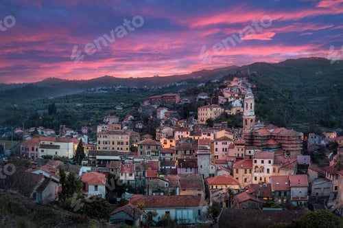 Preview: Panorama of Dolcedo at dusk - small town in Liguria, Italy