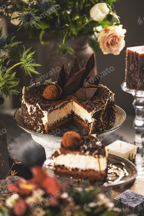 Preview: Still life of chocolate cake with mascarpone cream