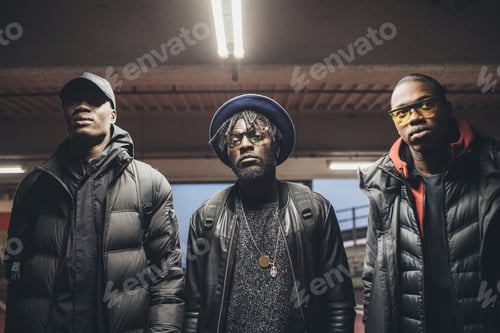 Preview: portrait three young black men posing in a parking lot looking away