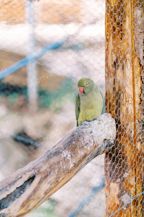 Preview: Little green Kramer parrot sitting on a branch in a cage at the zoo