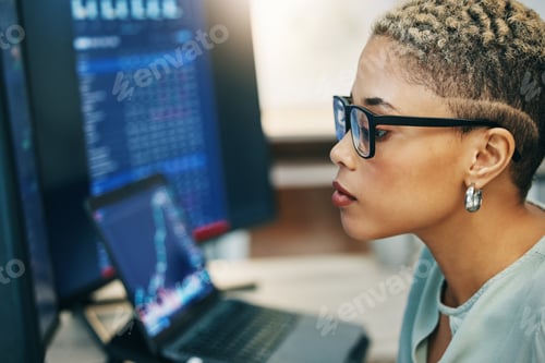 Preview: Computer, stock market and face of professional woman reading IPO equity, investment or cryptocurre