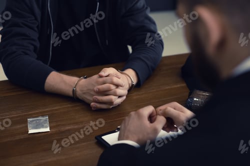 Preview: Police officer interrogating criminal in handcuffs at desk indoors