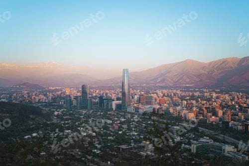 Preview: Panoramic view of Santiago de Chile skyline. Costanera Center skyscraper. Andes on the background