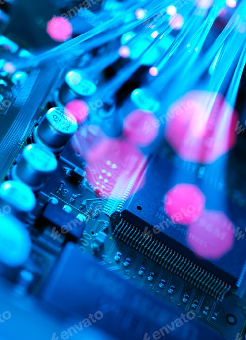 Preview: Fibre optics carrying data passing across electronic circuit board