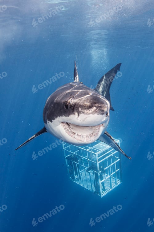 Preview: Mexico, Guadalupe Island, Great white shark and divers in cage