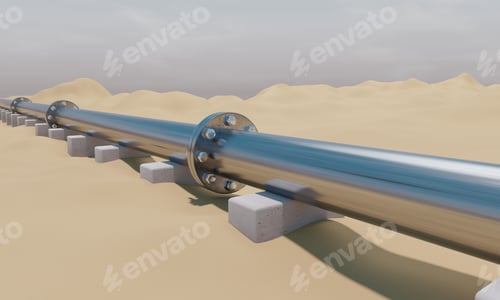 Preview: Industrial Pipe and valve on desert sand. Oil and gas industry Stainless steel pipeline. 3d render