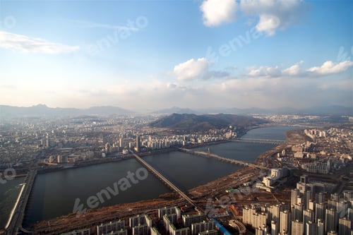 Preview: Seoul aerial cityscape panorama with river
