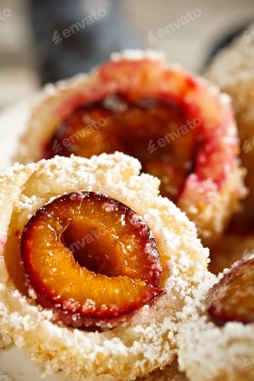 Plum Dumplings with Powdered Sugar, Food Photography