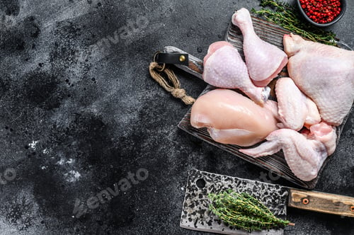 Preview: Raw chicken portions for cooking and barbecuing with skinless breasts, drumstick and wings