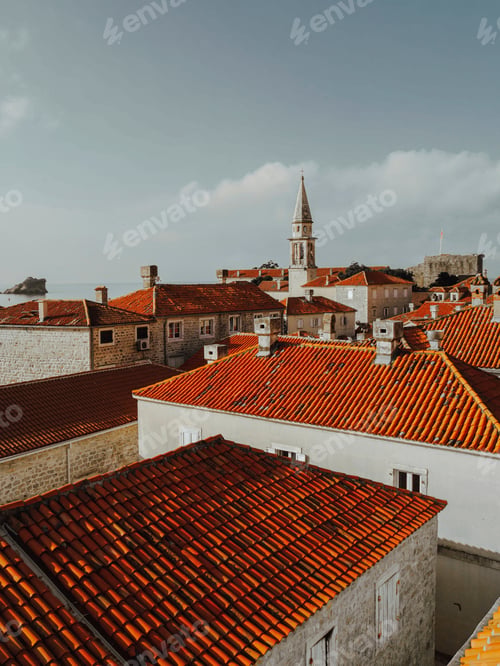 Preview: Roofs of the town. Red roof background. Historical part of the european city. Panorama of the city